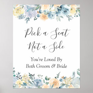 Póster Letrero de Asiento de Boda Floral Azul