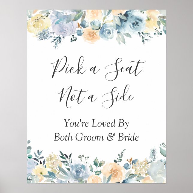 Póster Letrero de Asiento de Boda Floral Azul (Frente)