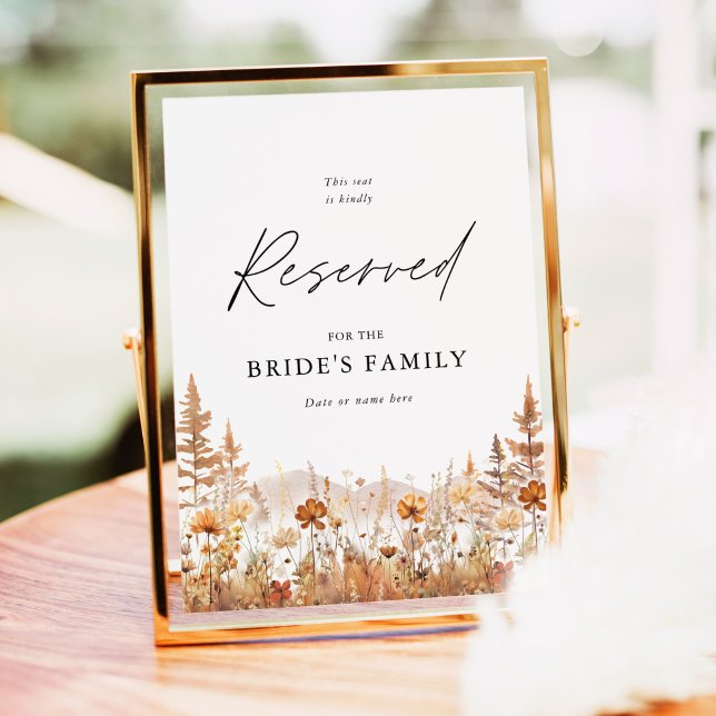 Póster Letrero de Asiento Reservado de Montaña de Flor Si (Terracotta wildflower mountain reserved wedding sign with elegant script for bride’s family seating)