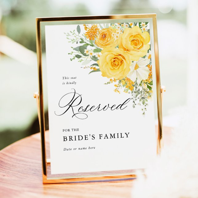Póster Letrero de asiento reservado de rosa floral amaril (Yellow rose floral reserved wedding sign, elegant reserved seating sign, yellow wedding stationery)