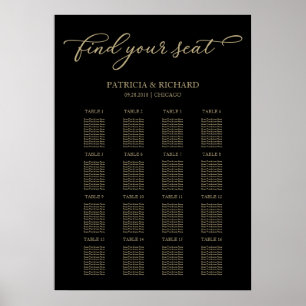 Póster Letrero de Asientos de Boda Chic Dorado Negro