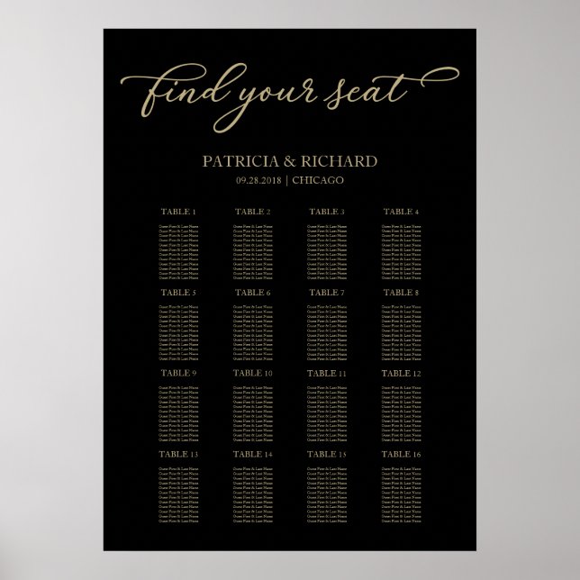 Póster Letrero de Asientos de Boda Chic Dorado Negro (Frente)