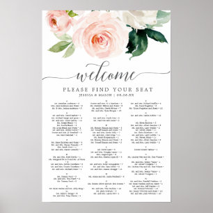 Póster Letrero de Asientos de Boda de Flores Sonrojadas