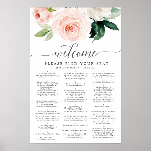 Póster Letrero de Asientos de Boda de Flores Sonrojadas (Frente)