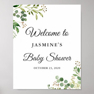Póster Letrero de Baby Shower Chic con Hojas de Eucalipto