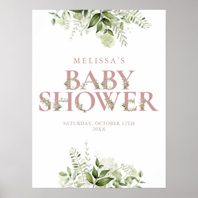 Póster Letrero de Baby Shower con Verde y Rosa Polvo (Frente)