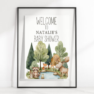 Póster Letrero de baby shower de animales del bosque boho