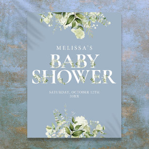 Póster Letrero de Baby Shower de Floral Verde Azul Polvor