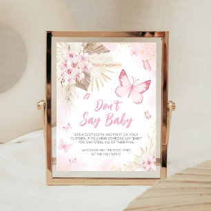 Póster Letrero de Baby Shower de Mariposa Rosa No Digas B
