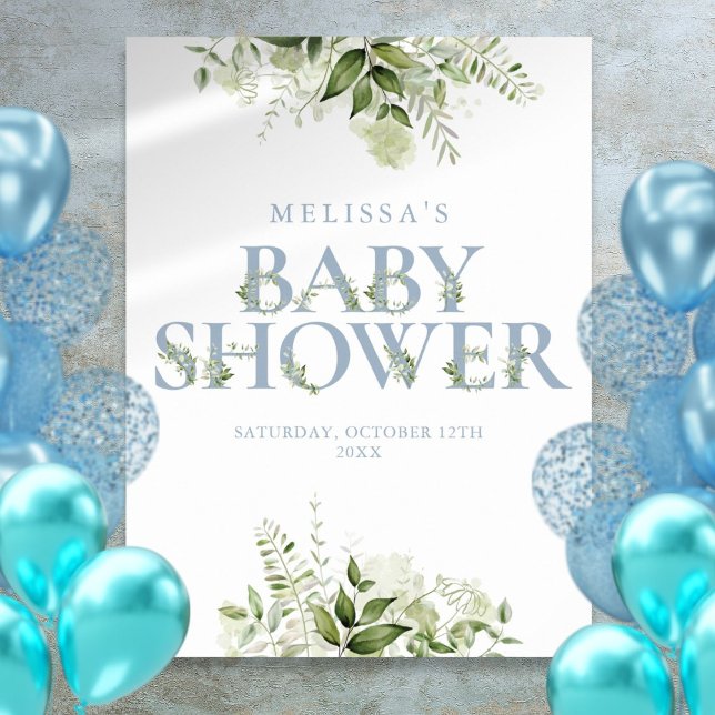 Póster Letrero de Baby Shower de Verde Azul Polvoriento (Dusty Blue Greenery Letter Baby Shower Sign)