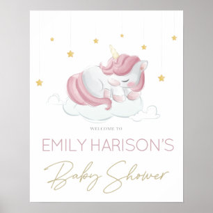 Póster Letrero de Baby Shower Estrellas Doradas Unicornio