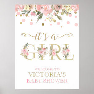 Póster Letrero de Baby Shower Floral Acuarela Rosa Dorado