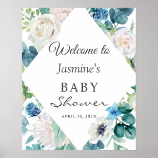 Póster Letrero de Baby Shower Floral Azul Blanco Salvia V