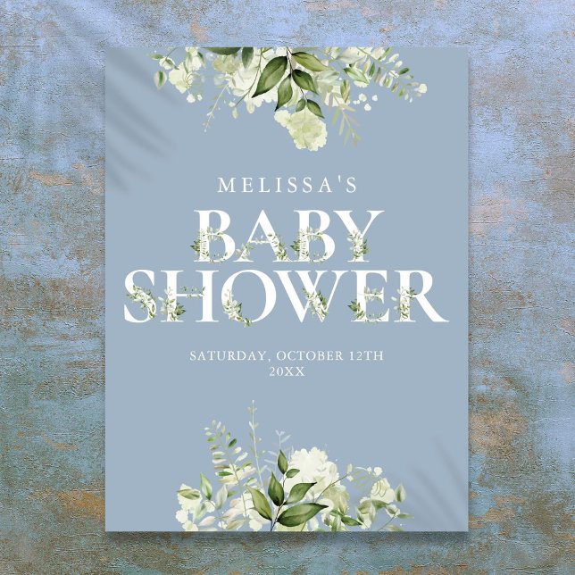 Póster Letrero de Baby Shower Floral Dusty Blue Greenery (Dusty Blue Greenery Floral Baby Shower Sign)