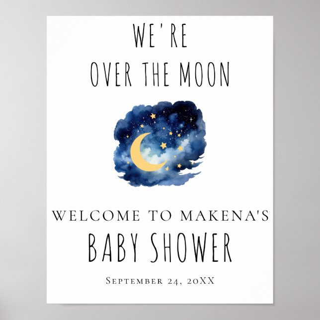 Póster Letrero de Baby Shower Sobre la Luna (Frente)