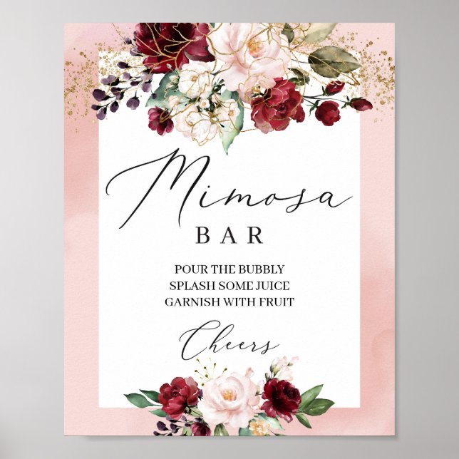 Póster Letrero de bar de mimosa floral rosa rubor boho bu (Frente)