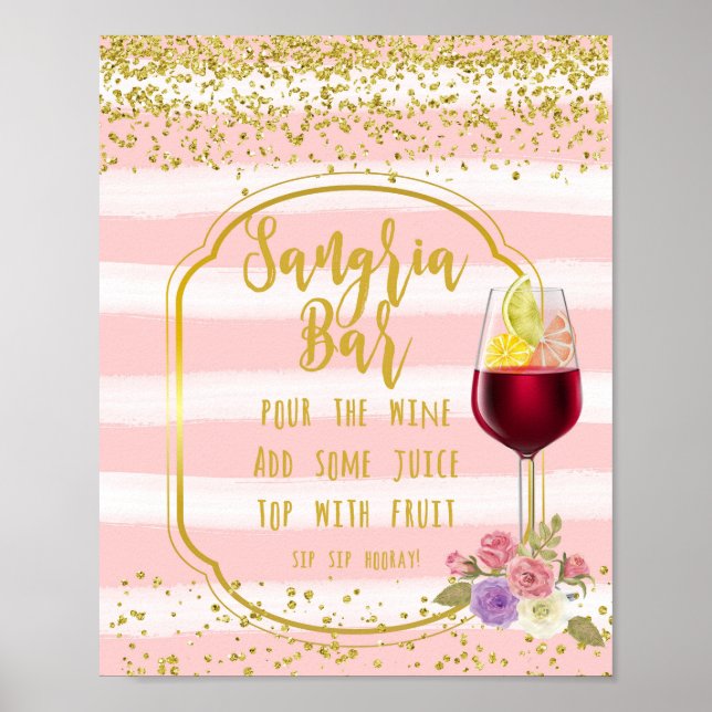 Póster letrero de bar de sangría rosa y confeti dorado (Frente)