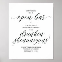 Letrero de barra abierta de boda y travesuras borr