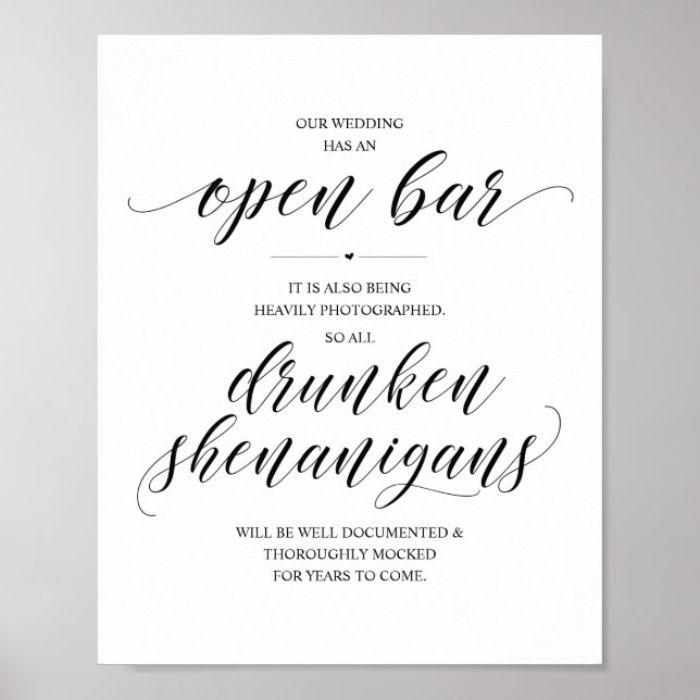 Póster Letrero de barra abierta de boda y travesuras borr (Frente)