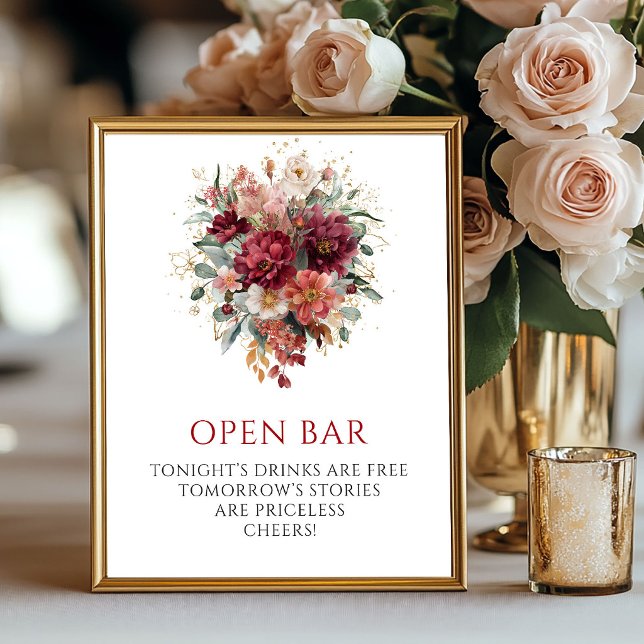 Póster Letrero de barra abierta de otoño refinado de euca (Refined Burgundy Eucalyptus Fall Open Bar Sign

)