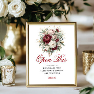 Póster Letrero de barra abierta de vino tinto rosa elegan