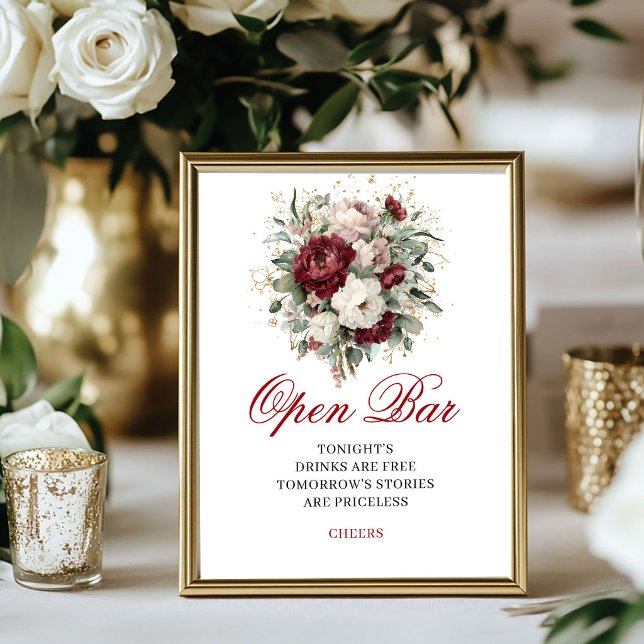 Póster Letrero de barra abierta de vino tinto rosa elegan (Elegant Blush Burgundy Open Bar 8x10 Sign)