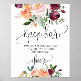 Póster Letrero de barra abierta floral boho blush burgund