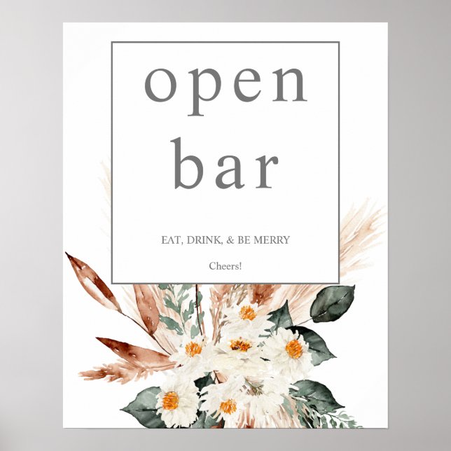 Póster Letrero de barra abierta floral Boho Copper Pampas (Frente)
