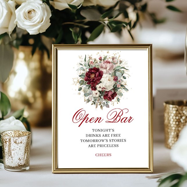 Póster Letrero de barra abierta floral borgoña rubor chic (Chic Blush Burgundy Floral Open Bar Sign)