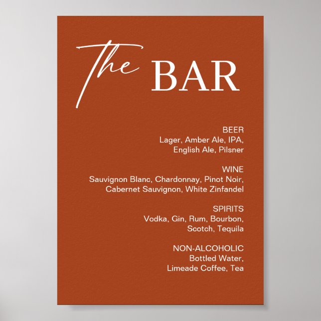 Póster Letrero de barra de boda de terracota boho (Frente)