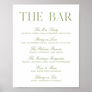 Póster Letrero de barra de boda elegante verde salvia y b