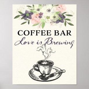 Póster Letrero de barra de café boda/acuarela floral nupc