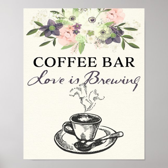 Póster Letrero de barra de café boda/acuarela floral nupc (Frente)
