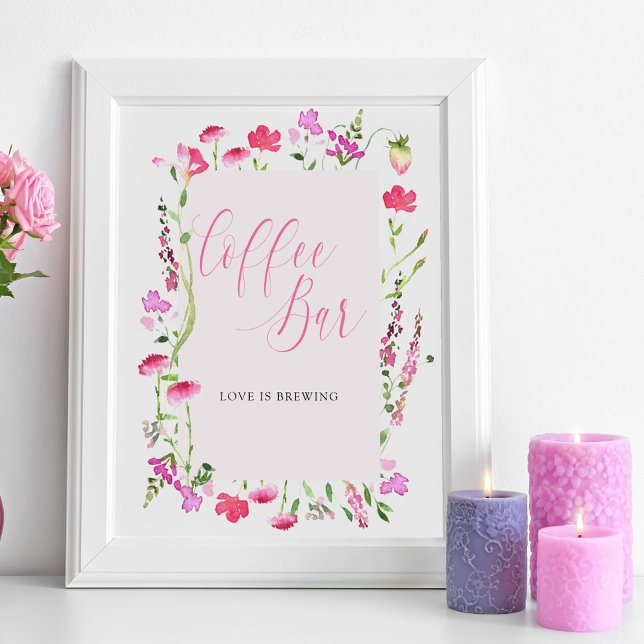 Póster Letrero de barra de café con flores silvestres ros (Coffee Bar sign from my Pink Wildflower Collection. Message if you need me to create additional item)