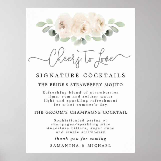 Póster Letrero de barra de cocktails botánicos Rosa Blanc (Frente)