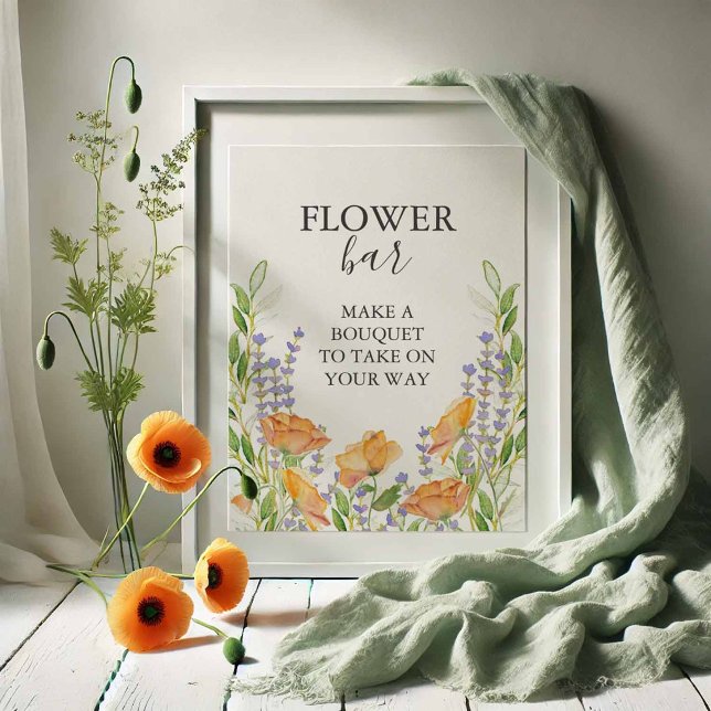 Póster Letrero de barra de Flor de Naranja (Flower bar sign with watercolor orange poppies, lavender and greenery)