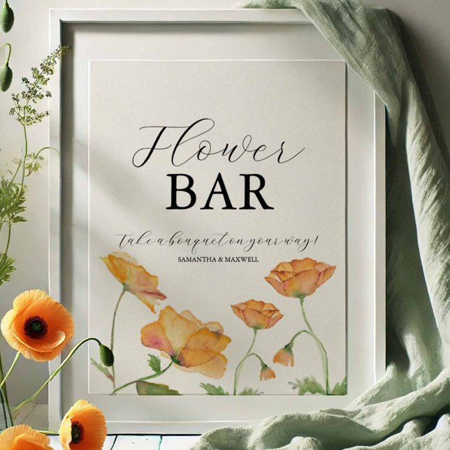 Póster Letrero de barra de flores para desayuno nupcial L (Flower bar sign designed with hand painted art by Victoria Grigaliunas of Do Tell A Belle)