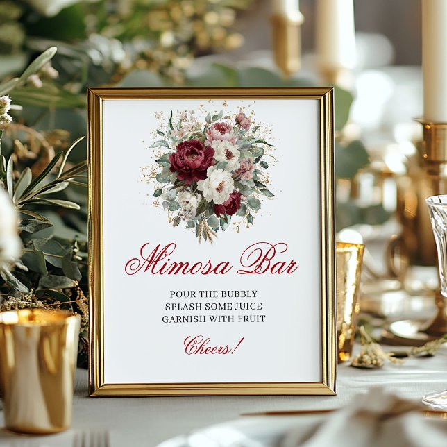 Póster Letrero de barra de Mimosa de 8x10 con tono granat (Maroon Blush Burgundy Mimosa Bar 8x10 Sign)