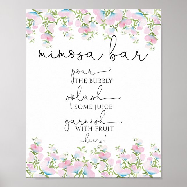 Póster Letrero de barra de mimosa de flores rosadas y veg (Frente)