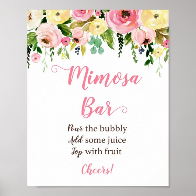 Póster Letrero de barra de Mimosa floral rosa y amarillo (Frente)