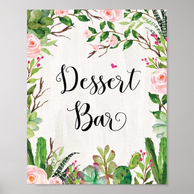 Póster Letrero de Barra de Postres Rosa Floral Fiesta Let (Frente)