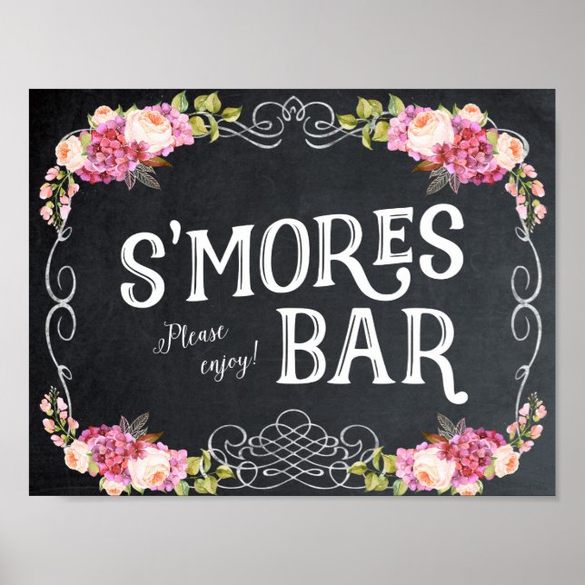 Póster letrero de barra de smores pizarra floral (Frente)