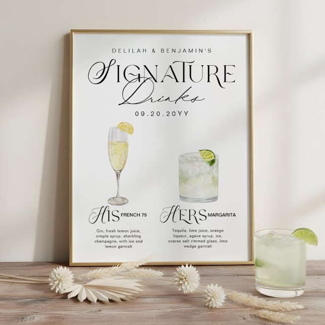 Póster Letrero de Bebida con Firma de Acuarela para Boda (Watercolor Signature Drink Wedding Bar Sign)