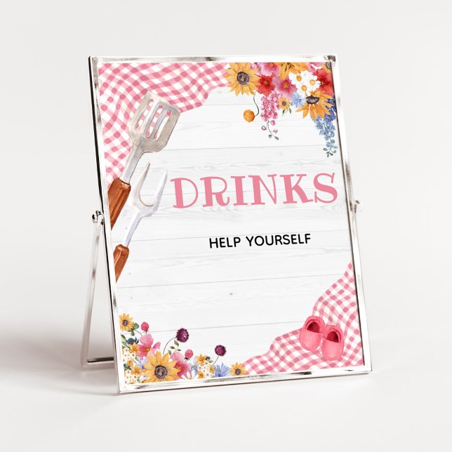 Póster Letrero de Bebida para Fiesta de Bebé con Barbacoa (Girl Baby-Q Baby Shower Drinks Sign)