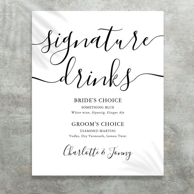 Póster Letrero de Bebidas con Firma de Guión en Blanco y  (Black And White Script Signature Drinks Sign)