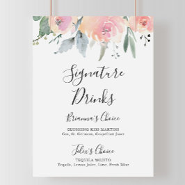 Póster Letrero de Bebidas con Firma Floral Rosa Elegante