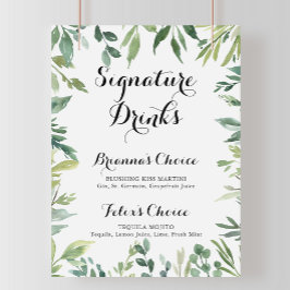 Póster Letrero de Bebidas con Firma Tropical Verde Elegan