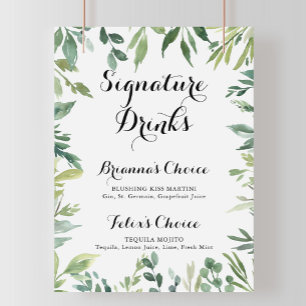Póster Letrero de Bebidas con Firma Verde Tropical Elegan