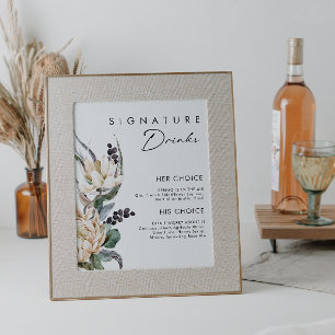 Póster Letrero de Bebidas con Sello de Flor Blanca