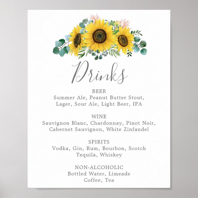 Póster Letrero de Bebidas de Boda con Girasoles Rústicos (Frente)
